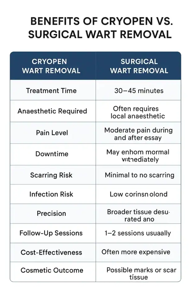Table showing the benefits of cryopen to remove warts Walthamstow compared to surgical treatment